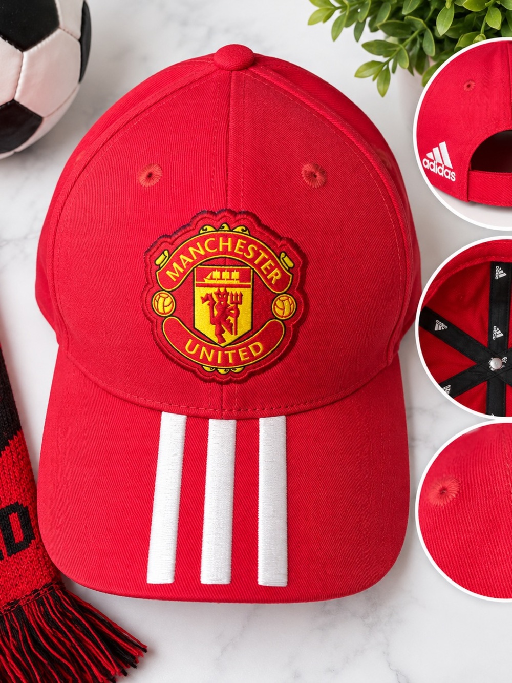 adidas Red Manchester United Crest Cap with White Stripe